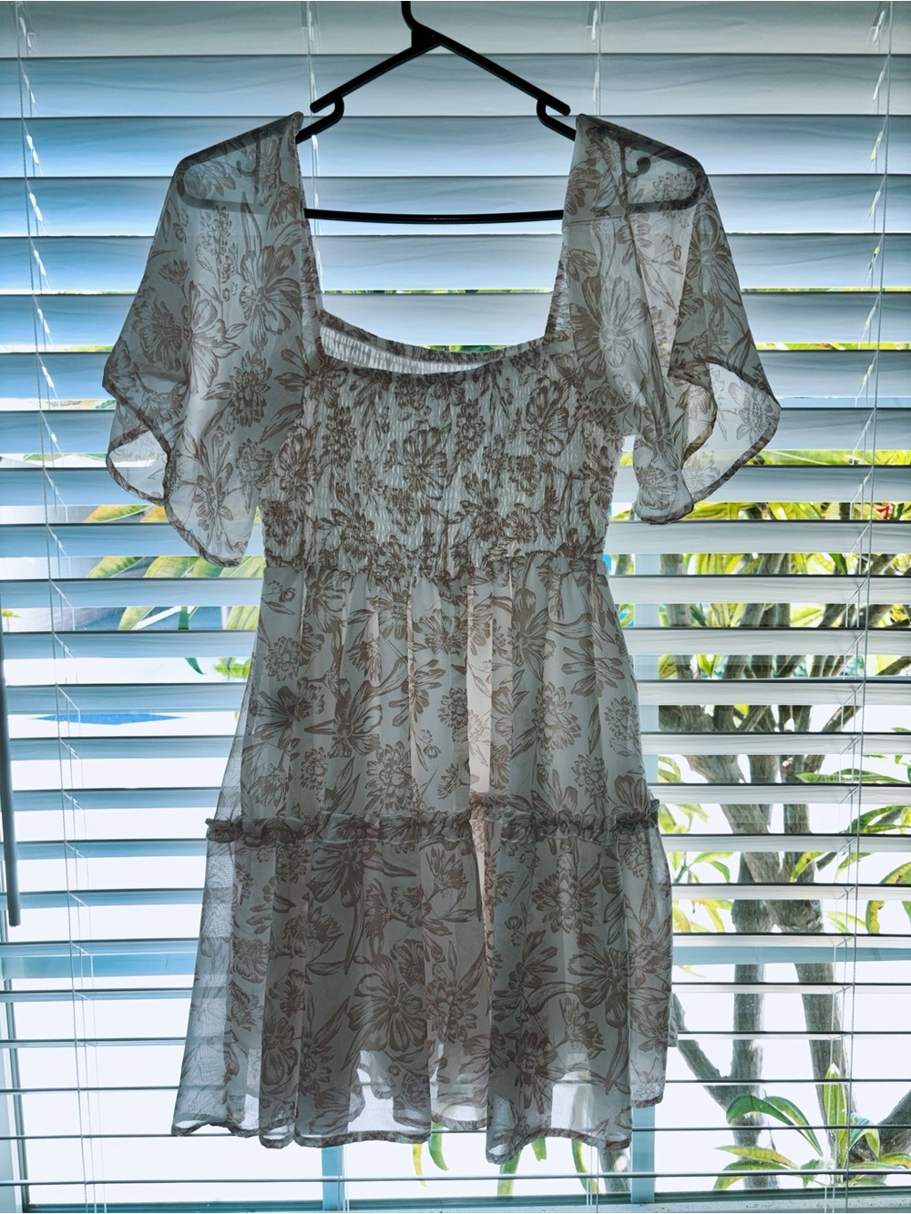 Sheer Floral Smocked Waist Mini Dress - White with Taupe Floral